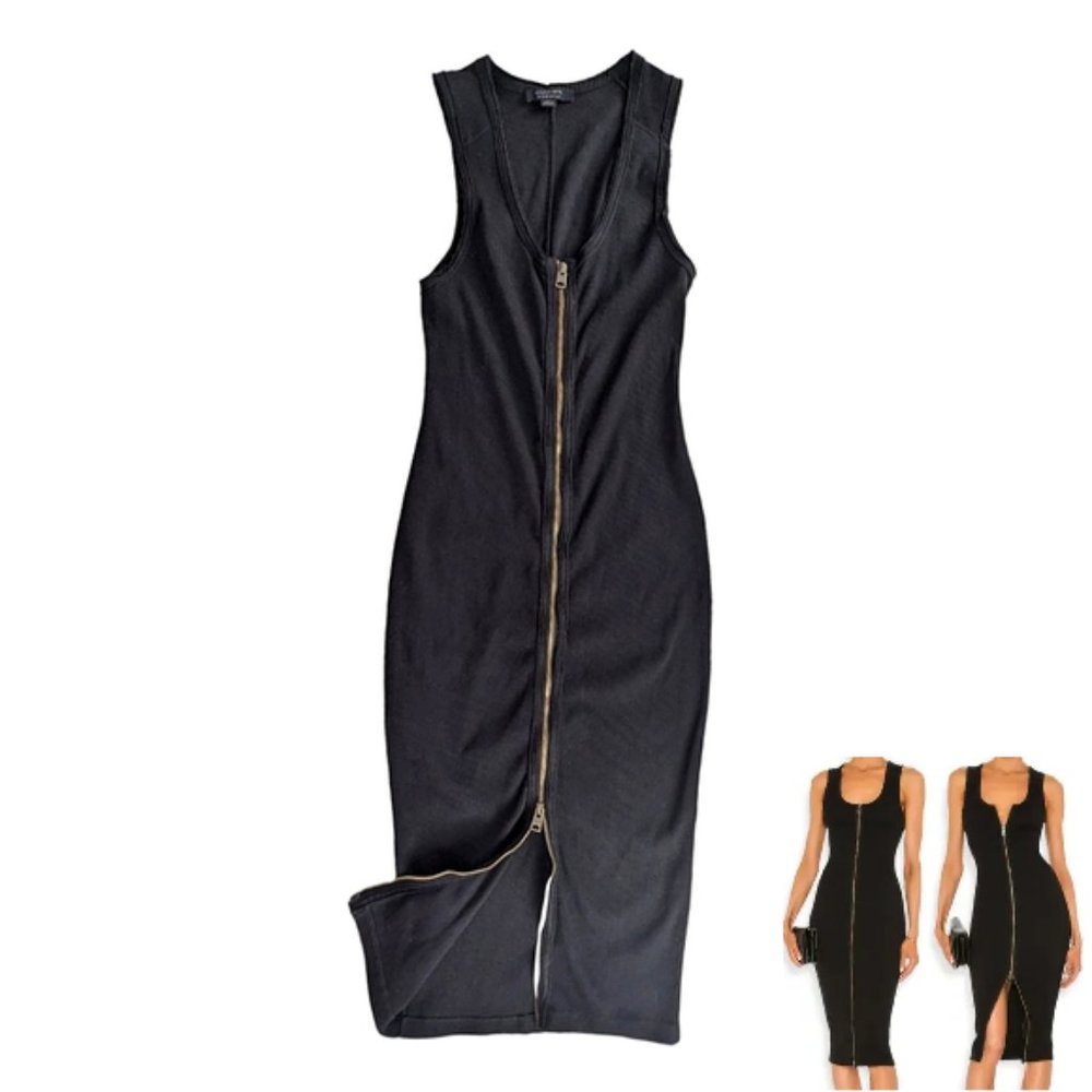 All Saints Alicia Ribbed Knit Zipper Front Sleeveless Black Bodycon Midi Dress
